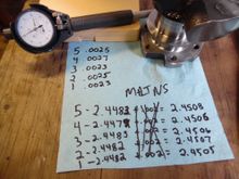 Couldnt find my note book..... paper towel will do! I ordered a new bore gauge and mic set. LOVE IT.  These are my main clearances top left. Bottom left is crank journals. Right is bearing journals.