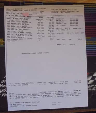 Original GM invoice copy from GM Historical.