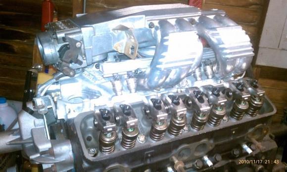 350 5.7 Litre L98 V8 with tuned port Edelbrock Hi Flow intake &amp; runners valve cover off showing Scorpion 1.5 roller rockers.