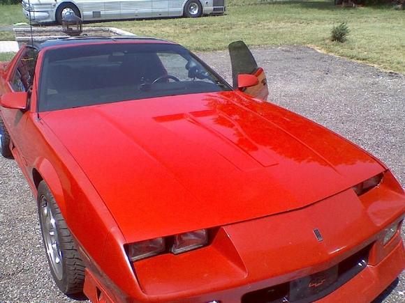 Painted and installed. You can see the wear and tear on the paint on the rest of the car compared to the freshly painted hood.