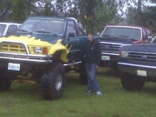 it is 7 feet tall to the top of the cab 7inch skyjacker susspension lift and 2 inch body lift on 38/15/50 super swampers
