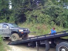 In my frustration I forgot to tell the tow truck dude that my bumper had not been welding on yet.  It was only held on by 4 bolts.