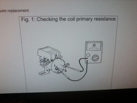 Primary Resistance Testing, + & - terminals on coil, ohm meter range 200.