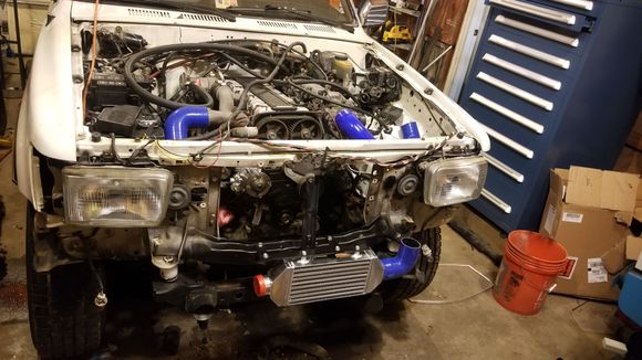 So i had an idea on where i wanted the intercooler. Roughly put the front bumper on did some measurements and found this on ebay. Built a quick and easy bracket for it and thier it sits.