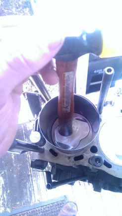 I had to do several of the pistons several times as the bottom oil ring would pop out and prevent the ring from entering the cylinder.  This shouldn't take a lot of force, and if it feels stuck it probably is.  I noticed it helped if I lightly tapped the edges of the ring compressor down with a rubber mallet to be perfectly lined up and even with the top of the block.  This way there was no gap for the rings to pop out, and by keeping downward pressure on the ring compressor, it made it easier