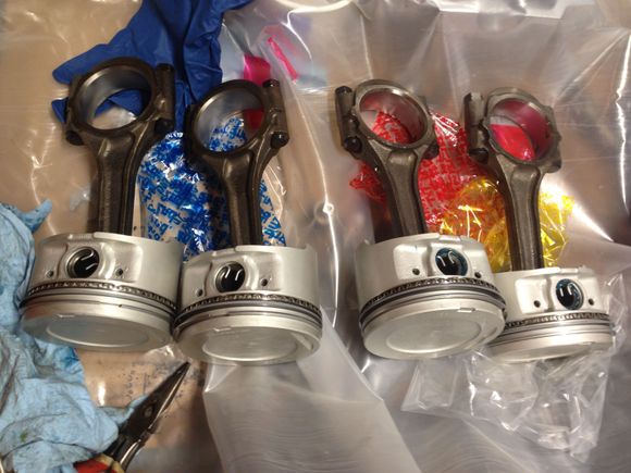 All ready to drop in! Had rods resized and new bushings sized to wrist pin at Dustys Machine here in Vancouver pretty fast turn around time and great pricing. Plus they gave good advice without trying to upsale me. Namely the importance of turning the crank and how to tell for myself. Thankfully because I thought it was no big deal but after looking it over it was clear it would have wiped out the bearings in no time!