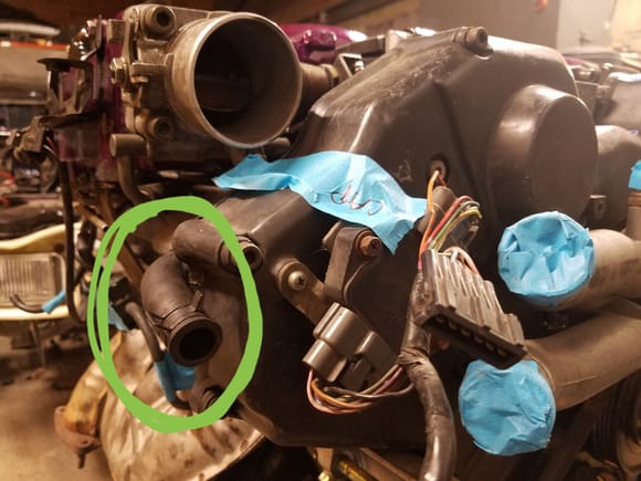 These hoses are on the front of the engine on both sides. Originally assumed they went to the larger ports on the throttle body pipes (above) but then quickly realized they are far too short...???